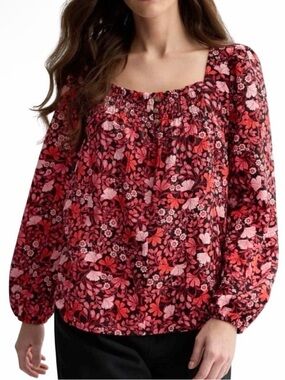 Draper James Allover Geo Red Floral Smocked Square Neckline Top 2XL